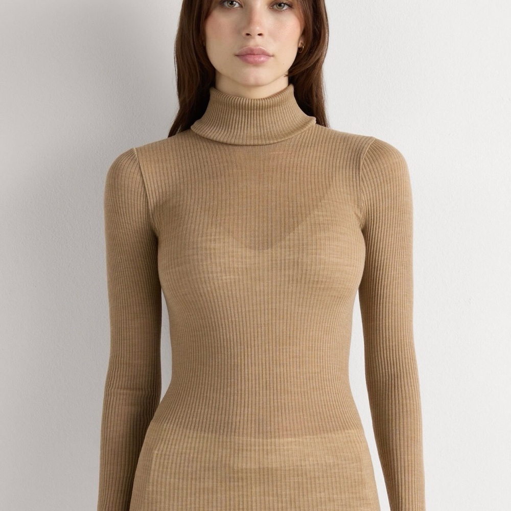 Tan Ribbed Turtleneck Sweater